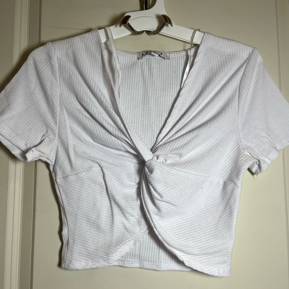 love J White Twist-Front Ribbed Crop Top